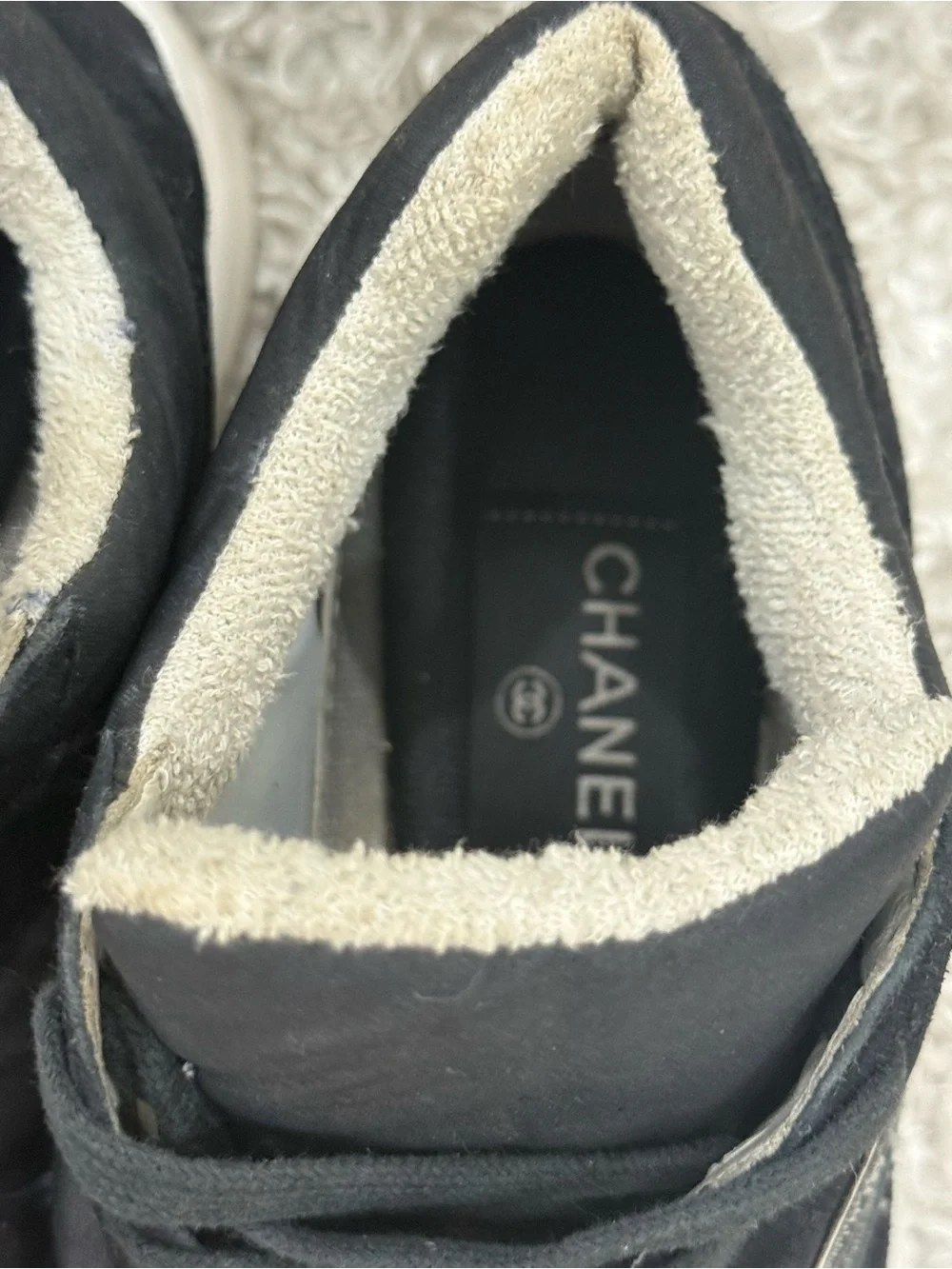 CHANEL Black and White Suede Fabric Sneakers